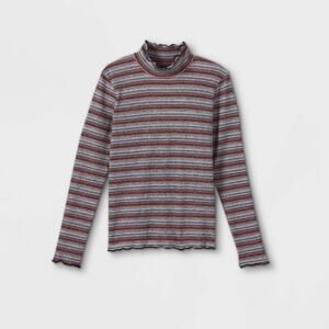 Lettuce Edge Mock Neck Shirt Art Class XL Striped Red Metallic Pullover Ruffle